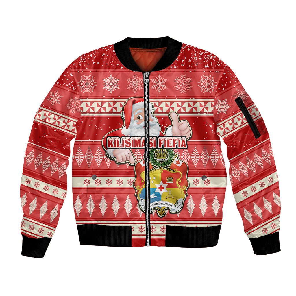 Custom Tonga Christmas Sleeve Zip Bomber Jacket The Santa Coat of Arms with Ngatu and Snow Pattern LT03 Unisex Red - Polynesian Pride