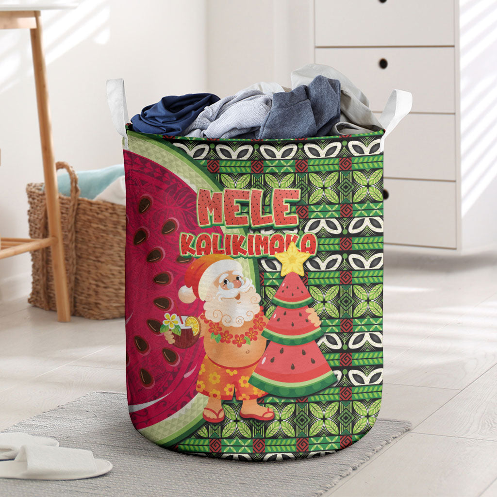 Hawaii Watermelon Mele Kalikimaka Laundry Basket Tribal Pacific Pattern with Tropical Funny Santa Claus LT03 Multicolor - Polynesian Pride
