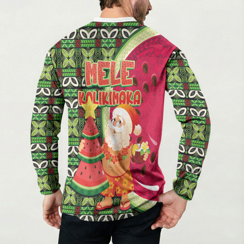 Hawaii Watermelon Mele Kalikimaka Button Sweatshirt Tribal Pacific Pattern with Tropical Funny Santa Claus LT03 - Polynesian Pride