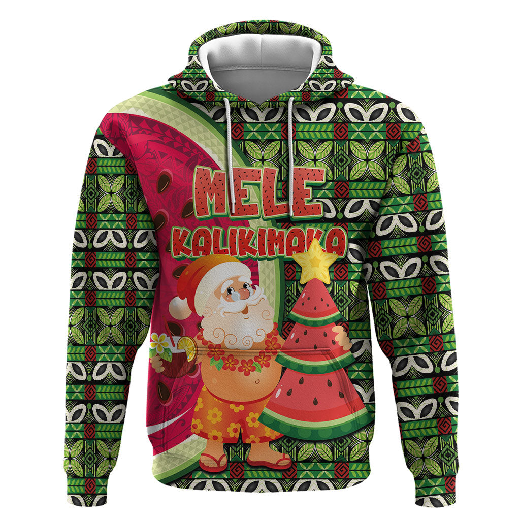 Hawaii Watermelon Mele Kalikimaka Hoodie Tribal Pacific Pattern with Tropical Funny Santa Claus LT03 Pullover Hoodie Multicolor - Polynesian Pride