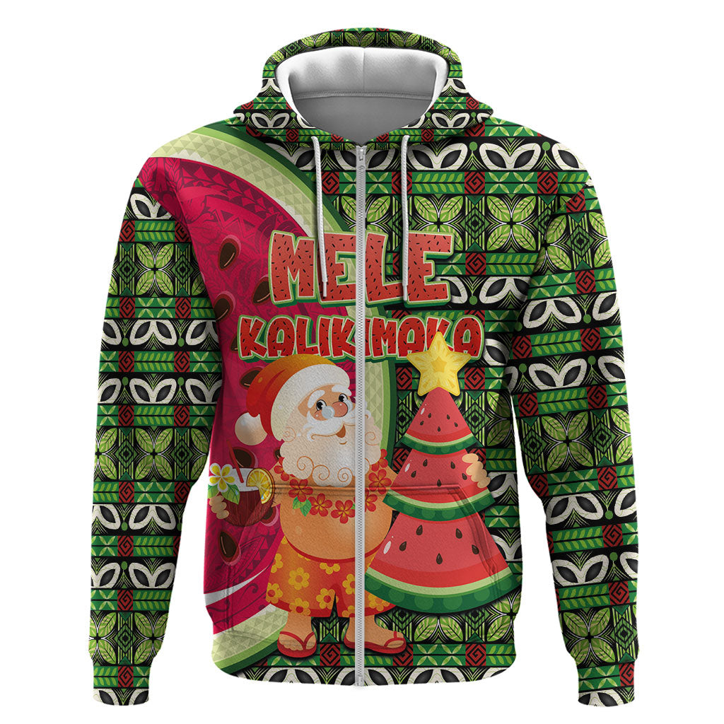 Hawaii Watermelon Mele Kalikimaka Hoodie Tribal Pacific Pattern with Tropical Funny Santa Claus LT03 Zip Hoodie Multicolor - Polynesian Pride