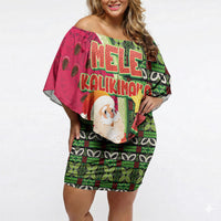 Hawaii Watermelon Mele Kalikimaka Off Shoulder Short Dress Tribal Pacific Pattern with Tropical Funny Santa Claus LT03 Women Multicolor - Polynesian Pride