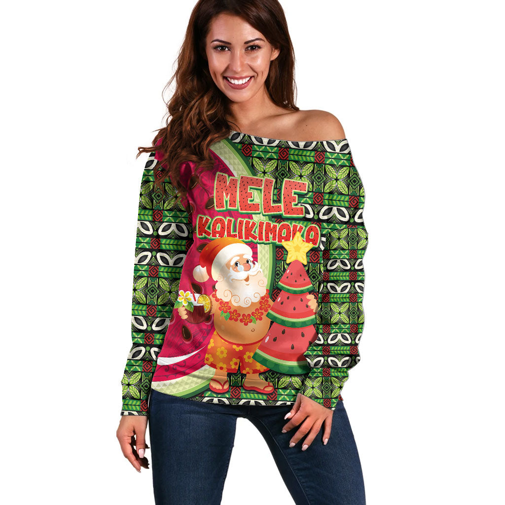 Hawaii Watermelon Mele Kalikimaka Off Shoulder Sweater Tribal Pacific Pattern with Tropical Funny Santa Claus LT03 Women Multicolor - Polynesian Pride