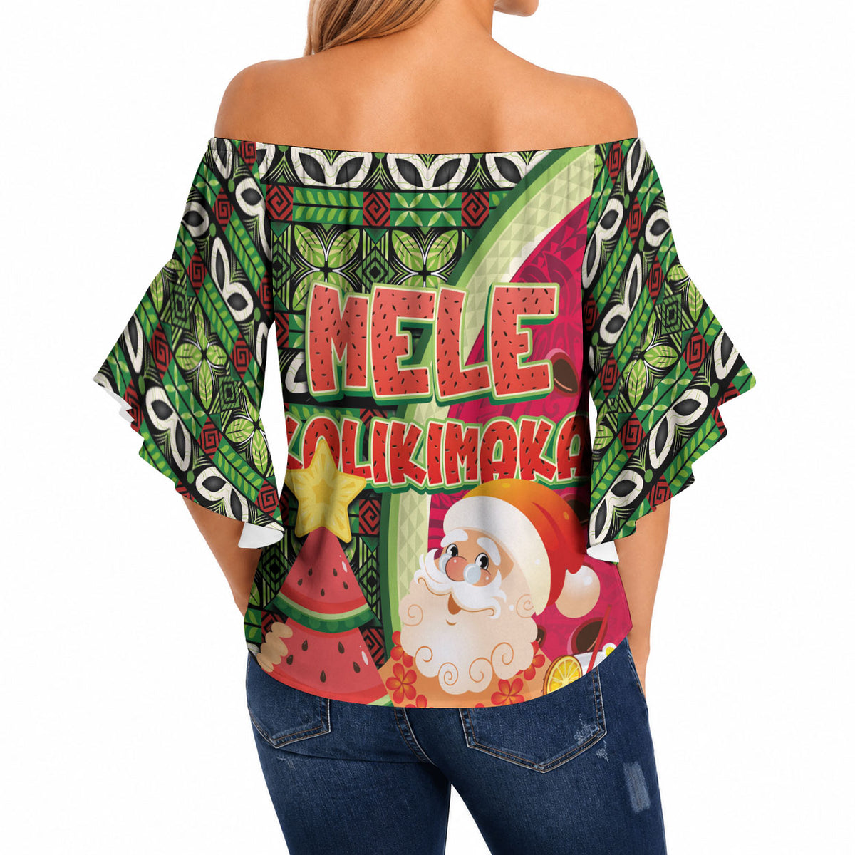 Hawaii Watermelon Mele Kalikimaka Off Shoulder Wrap Waist Top Tribal Pacific Pattern with Tropical Funny Santa Claus LT03 - Polynesian Pride