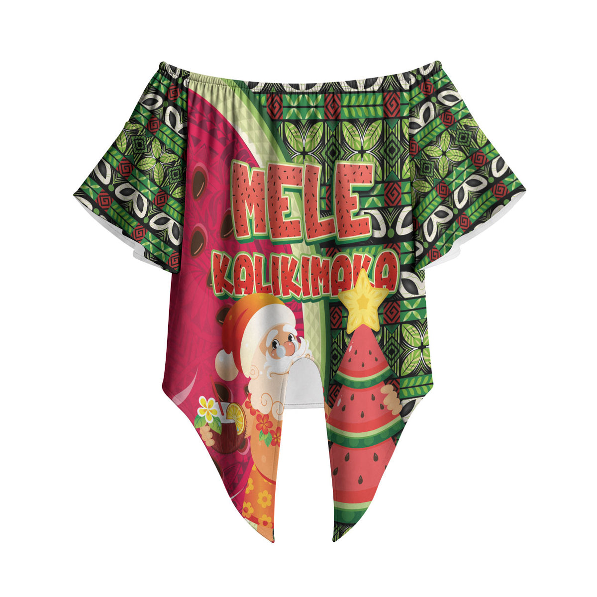 Hawaii Watermelon Mele Kalikimaka Off Shoulder Wrap Waist Top Tribal Pacific Pattern with Tropical Funny Santa Claus LT03 - Polynesian Pride