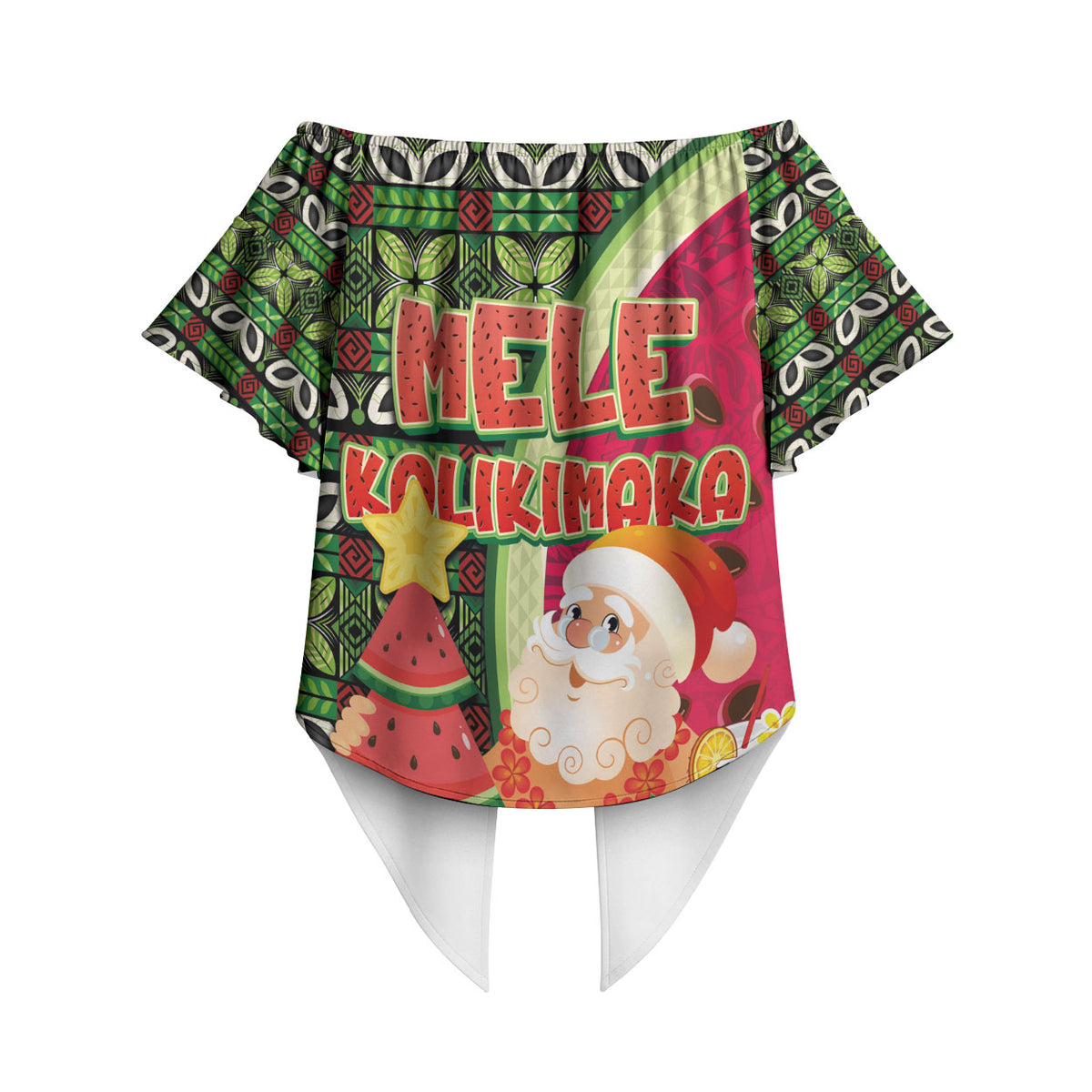 Hawaii Watermelon Mele Kalikimaka Off Shoulder Wrap Waist Top Tribal Pacific Pattern with Tropical Funny Santa Claus LT03 - Polynesian Pride