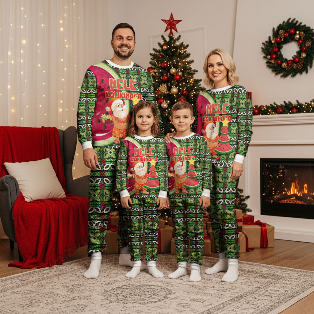 Hawaii Watermelon Mele Kalikimaka Christmas Pajama Set Tribal Pacific Pattern with Tropical Funny Santa Claus LT03 - Polynesian Pride