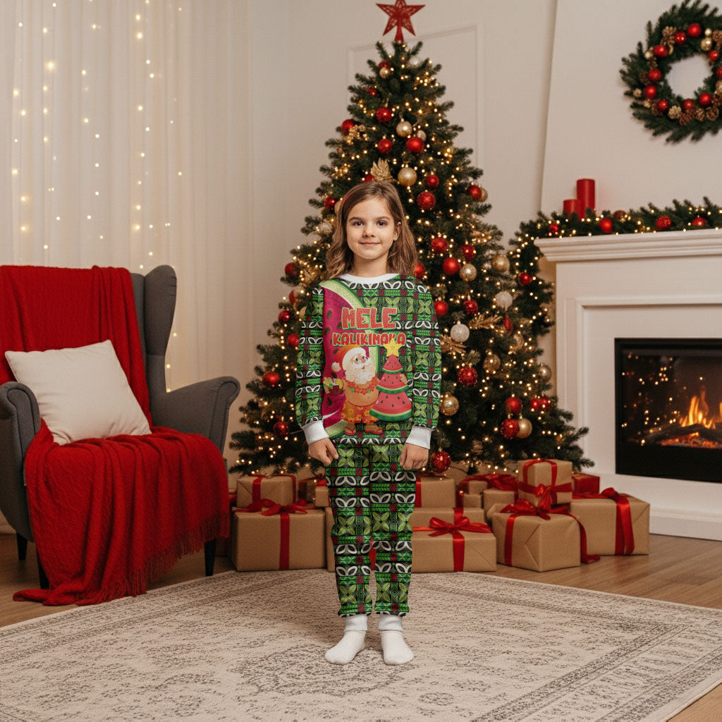 Hawaii Watermelon Mele Kalikimaka Christmas Pajama Set Tribal Pacific Pattern with Tropical Funny Santa Claus LT03 Kid Multicolor - Polynesian Pride