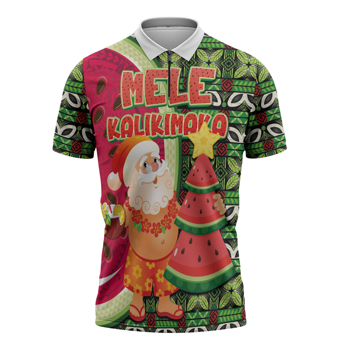 Hawaii Watermelon Mele Kalikimaka Zipper Polo Shirt Tribal Pacific Pattern with Tropical Funny Santa Claus LT03 Multicolor - Polynesian Pride