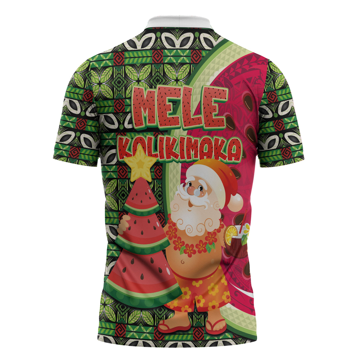 Hawaii Watermelon Mele Kalikimaka Zipper Polo Shirt Tribal Pacific Pattern with Tropical Funny Santa Claus LT03 - Polynesian Pride