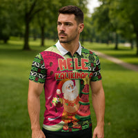 Hawaii Watermelon Mele Kalikimaka Zipper Polo Shirt Tribal Pacific Pattern with Tropical Funny Santa Claus LT03 - Polynesian Pride