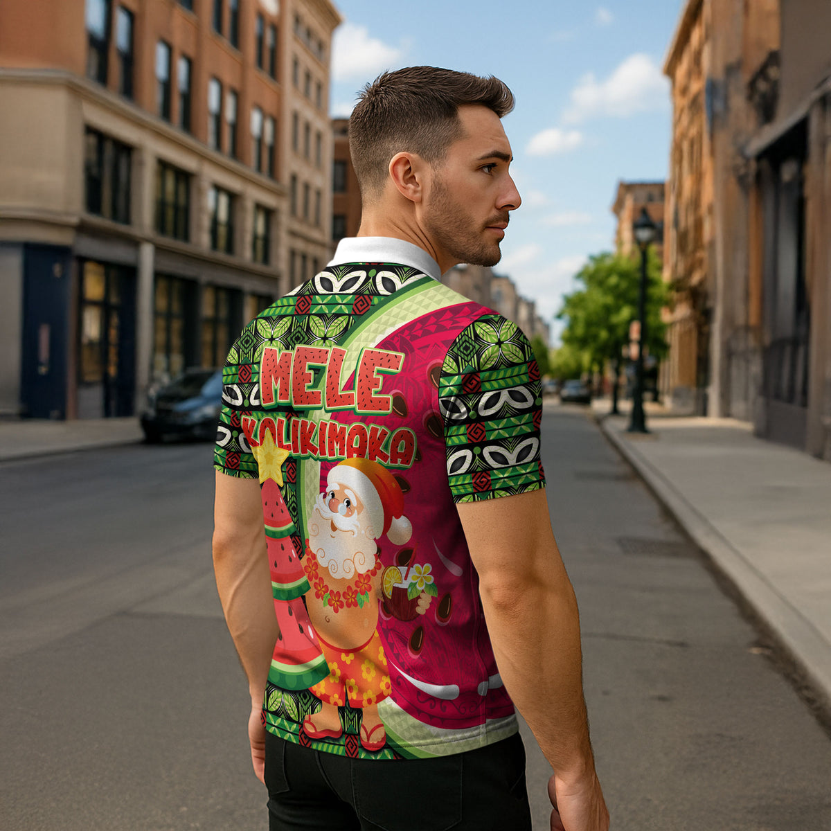 Hawaii Watermelon Mele Kalikimaka Zipper Polo Shirt Tribal Pacific Pattern with Tropical Funny Santa Claus LT03 - Polynesian Pride