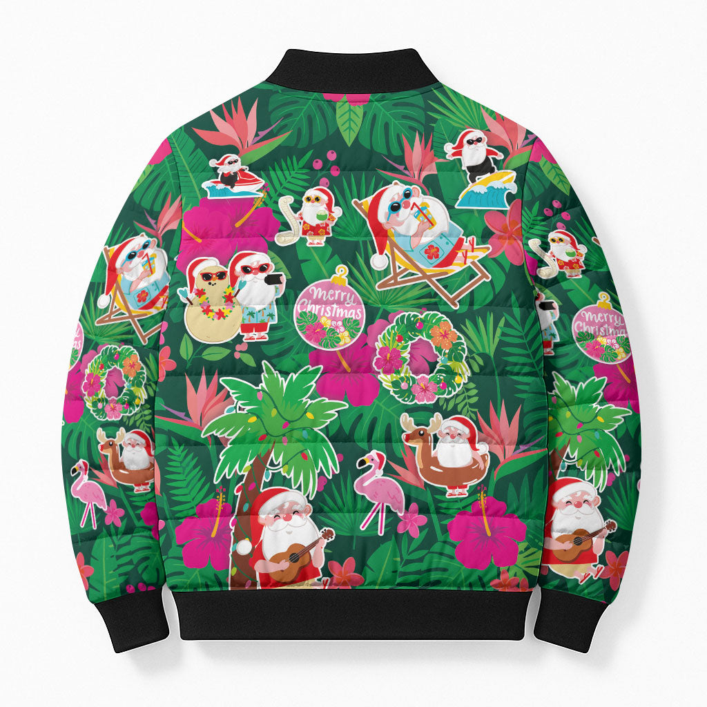 Hawaii Mele Kalikimaka Bomber Puffer Jacket Tropical Plants with Santa Claus LT03 - Polynesian Pride