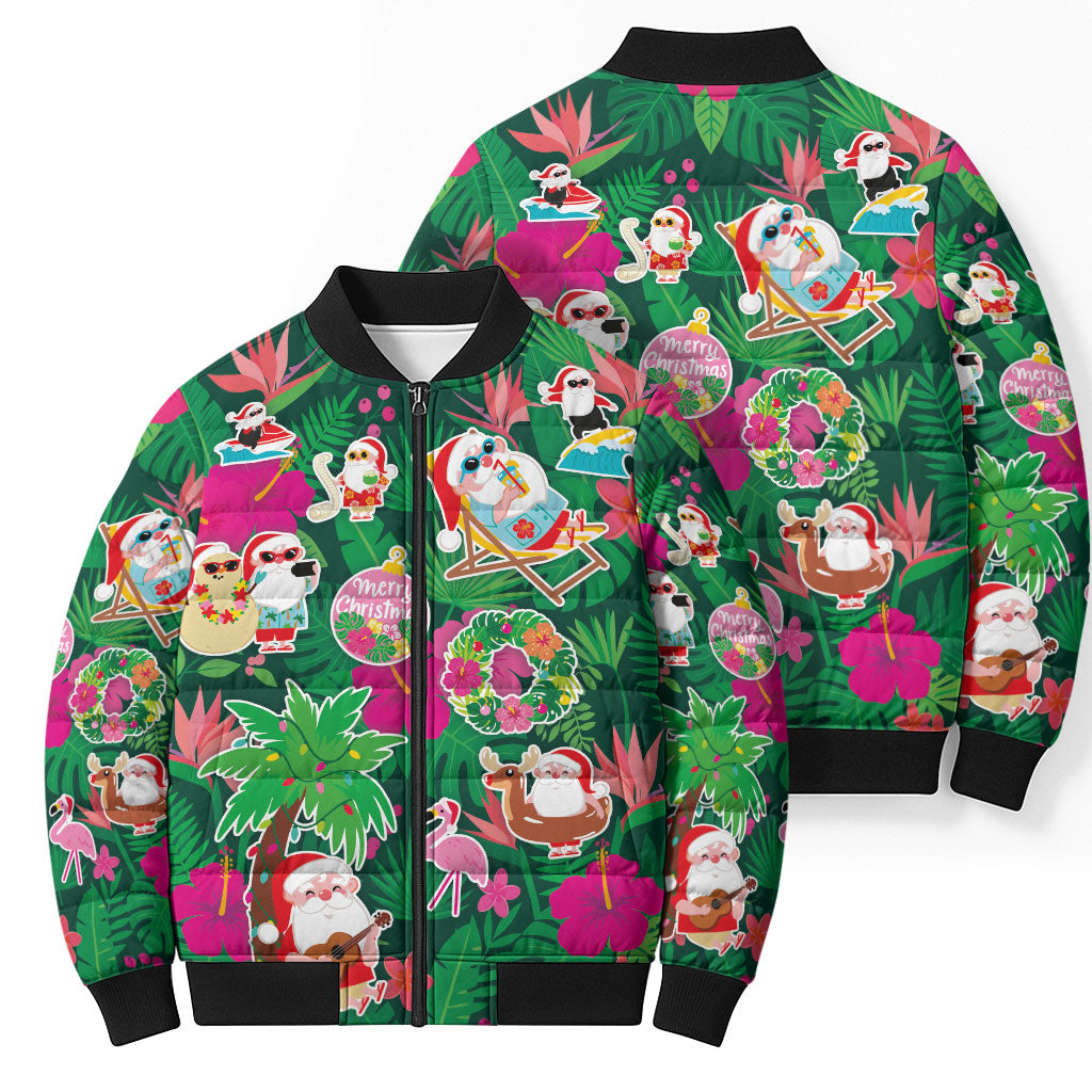 Hawaii Mele Kalikimaka Bomber Puffer Jacket Tropical Plants with Santa Claus LT03 - Polynesian Pride