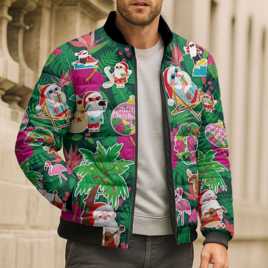 Hawaii Mele Kalikimaka Bomber Puffer Jacket Tropical Plants with Santa Claus LT03 - Polynesian Pride