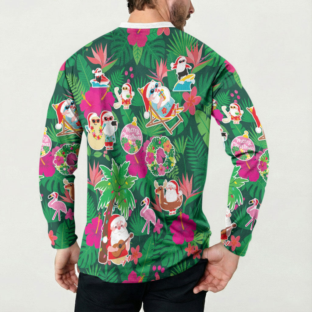 Hawaii Mele Kalikimaka Button Sweatshirt Tropical Plants with Santa Claus LT03 - Polynesian Pride