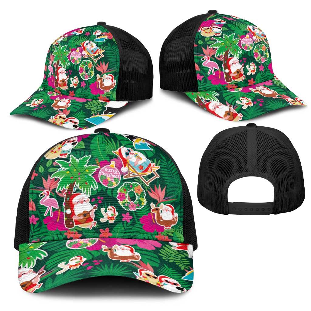 Hawaii Mele Kalikimaka Mesh Trucker Cap Tropical Plants with Santa Claus