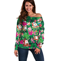 Hawaii Mele Kalikimaka Off Shoulder Sweater Tropical Plants with Santa Claus LT03 Women Multicolor - Polynesian Pride
