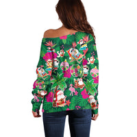 Hawaii Mele Kalikimaka Off Shoulder Sweater Tropical Plants with Santa Claus LT03 - Polynesian Pride