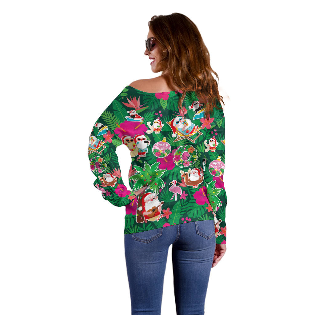 Hawaii Mele Kalikimaka Off Shoulder Sweater Tropical Plants with Santa Claus LT03 - Polynesian Pride