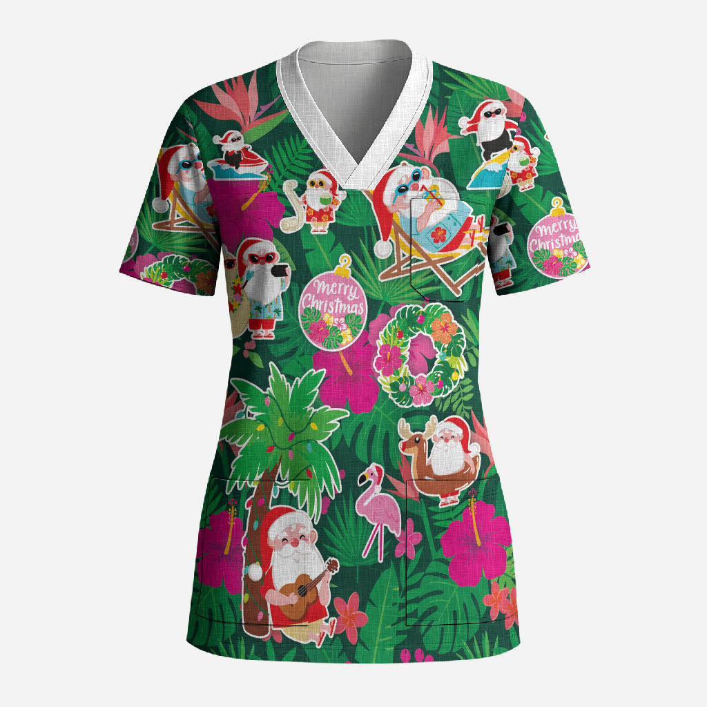 Hawaii Mele Kalikimaka Scrub Top Tropical Plants with Santa Claus