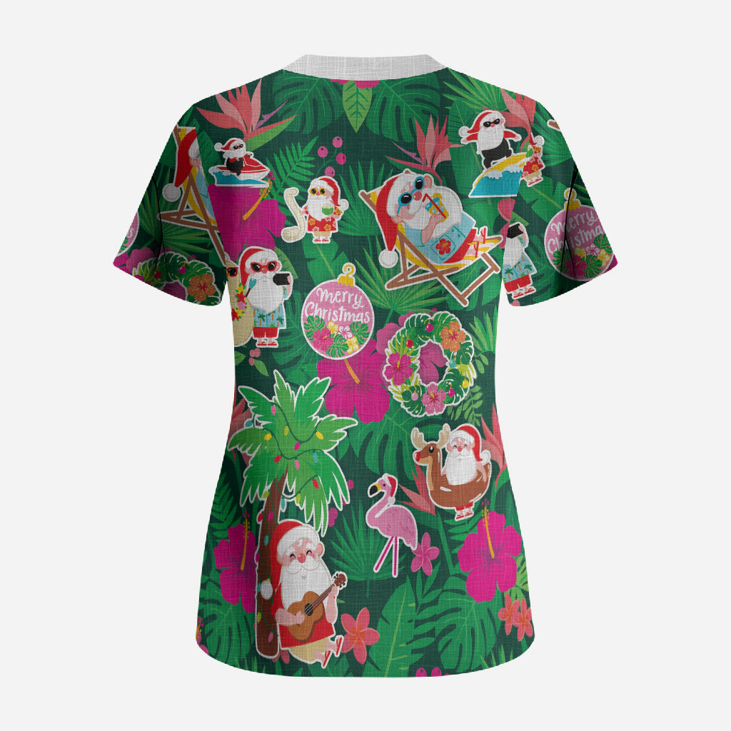 Hawaii Mele Kalikimaka Scrub Top Tropical Plants with Santa Claus