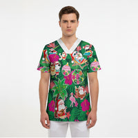 Hawaii Mele Kalikimaka Scrub Top Tropical Plants with Santa Claus