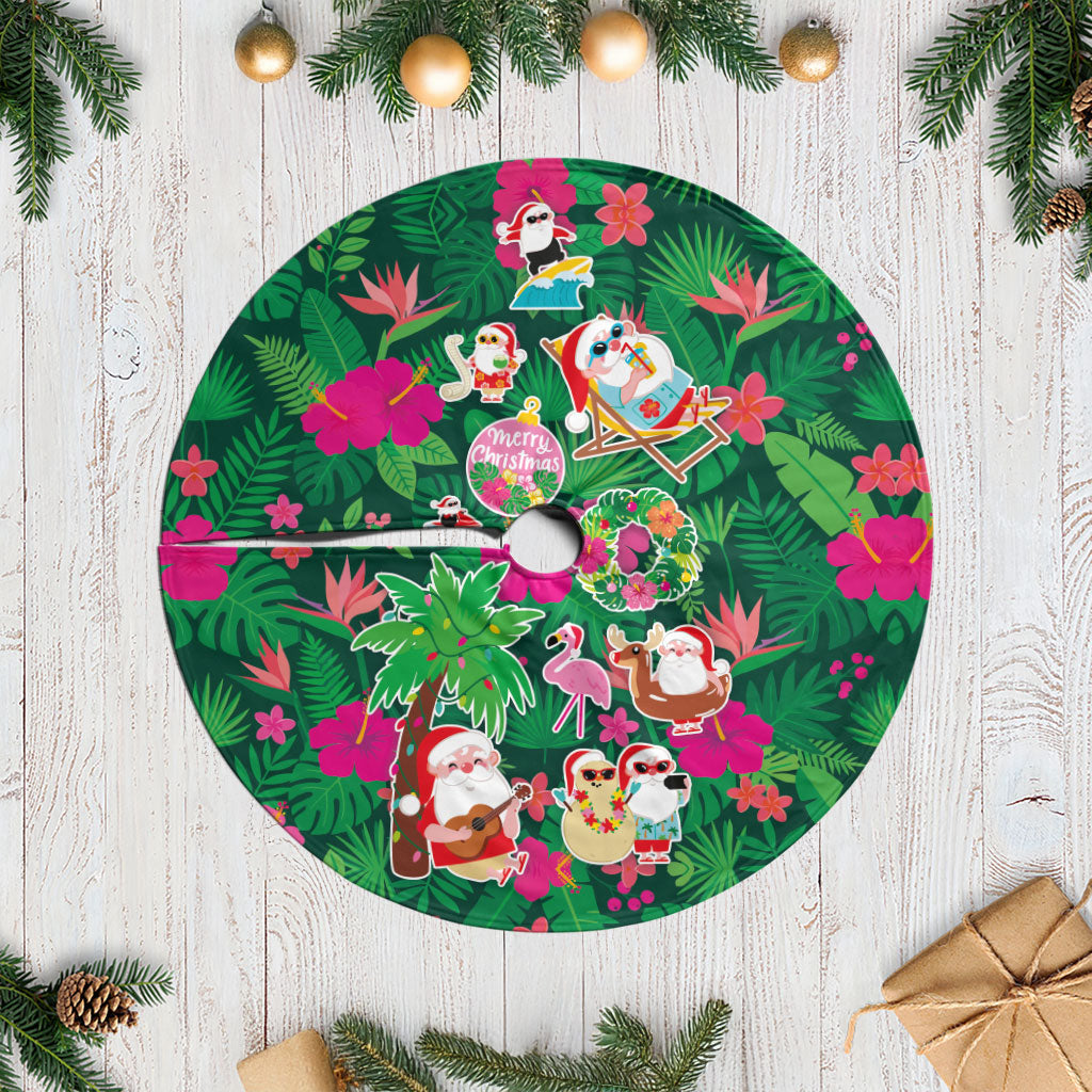 Hawaii Mele Kalikimaka Tree Skirt Tropical Plants with Santa Claus