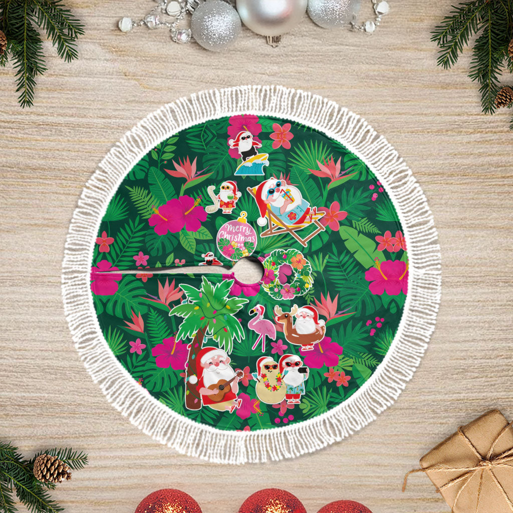 Hawaii Mele Kalikimaka Tree Skirt Tropical Plants with Santa Claus