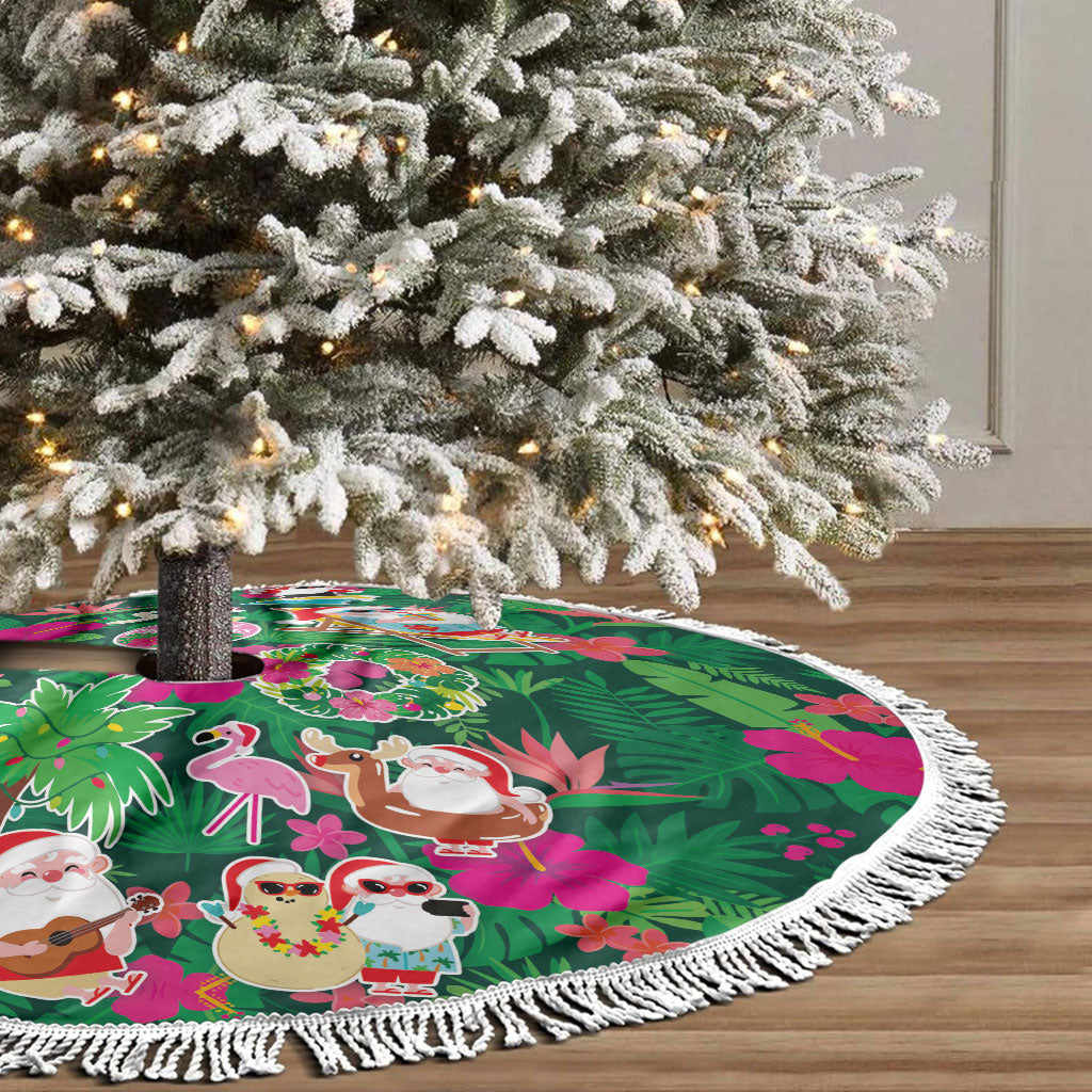 Hawaii Mele Kalikimaka Tree Skirt Tropical Plants with Santa Claus