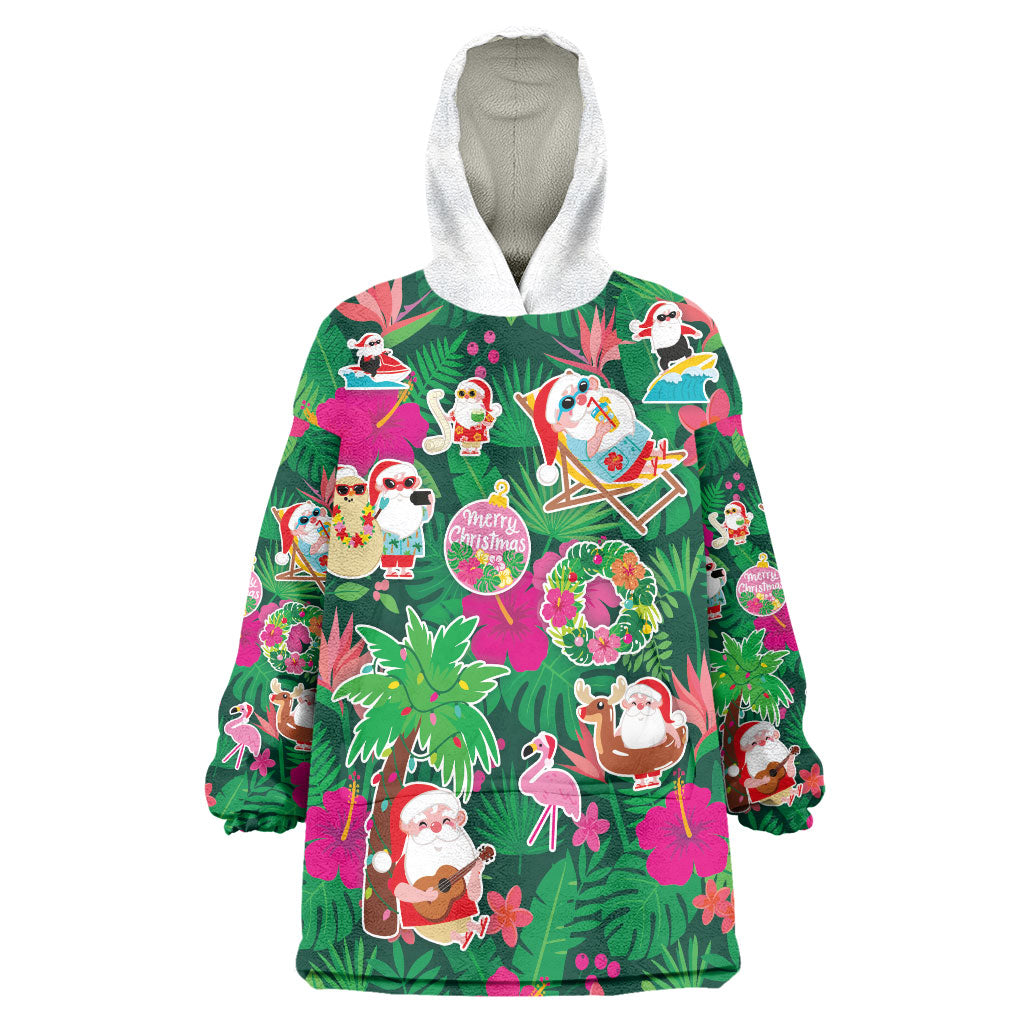 Hawaii Mele Kalikimaka Wearable Blanket Hoodie Tropical Plants with Santa Claus LT03 One Size Multicolor - Polynesian Pride