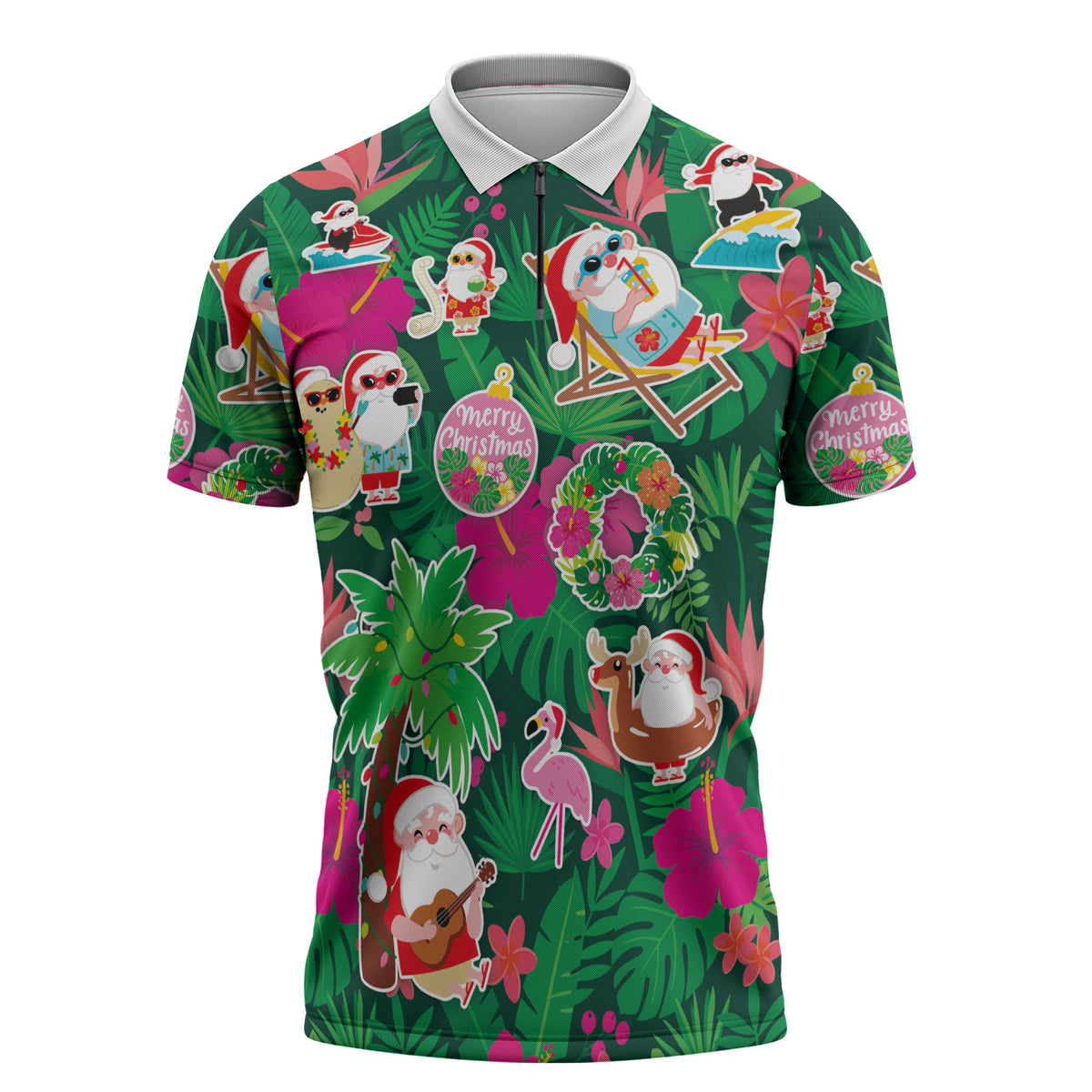 Hawaii Mele Kalikimaka Zipper Polo Shirt Tropical Plants with Santa Claus LT03 Multicolor - Polynesian Pride