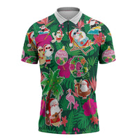 Hawaii Mele Kalikimaka Zipper Polo Shirt Tropical Plants with Santa Claus LT03 Multicolor - Polynesian Pride
