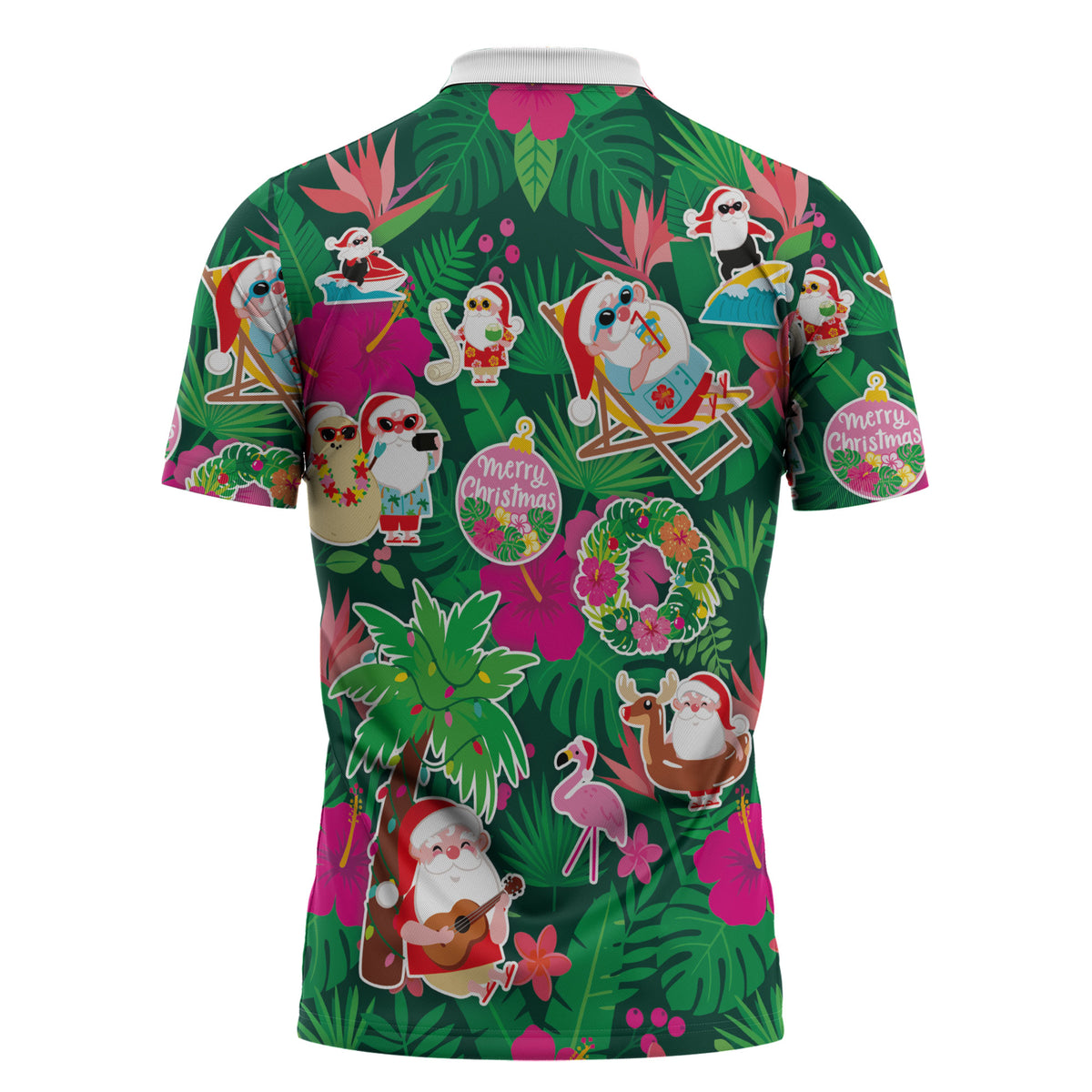 Hawaii Mele Kalikimaka Zipper Polo Shirt Tropical Plants with Santa Claus LT03 - Polynesian Pride