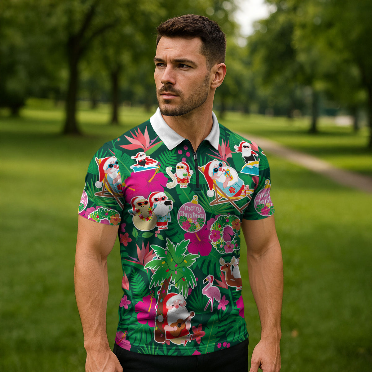 Hawaii Mele Kalikimaka Zipper Polo Shirt Tropical Plants with Santa Claus LT03 - Polynesian Pride