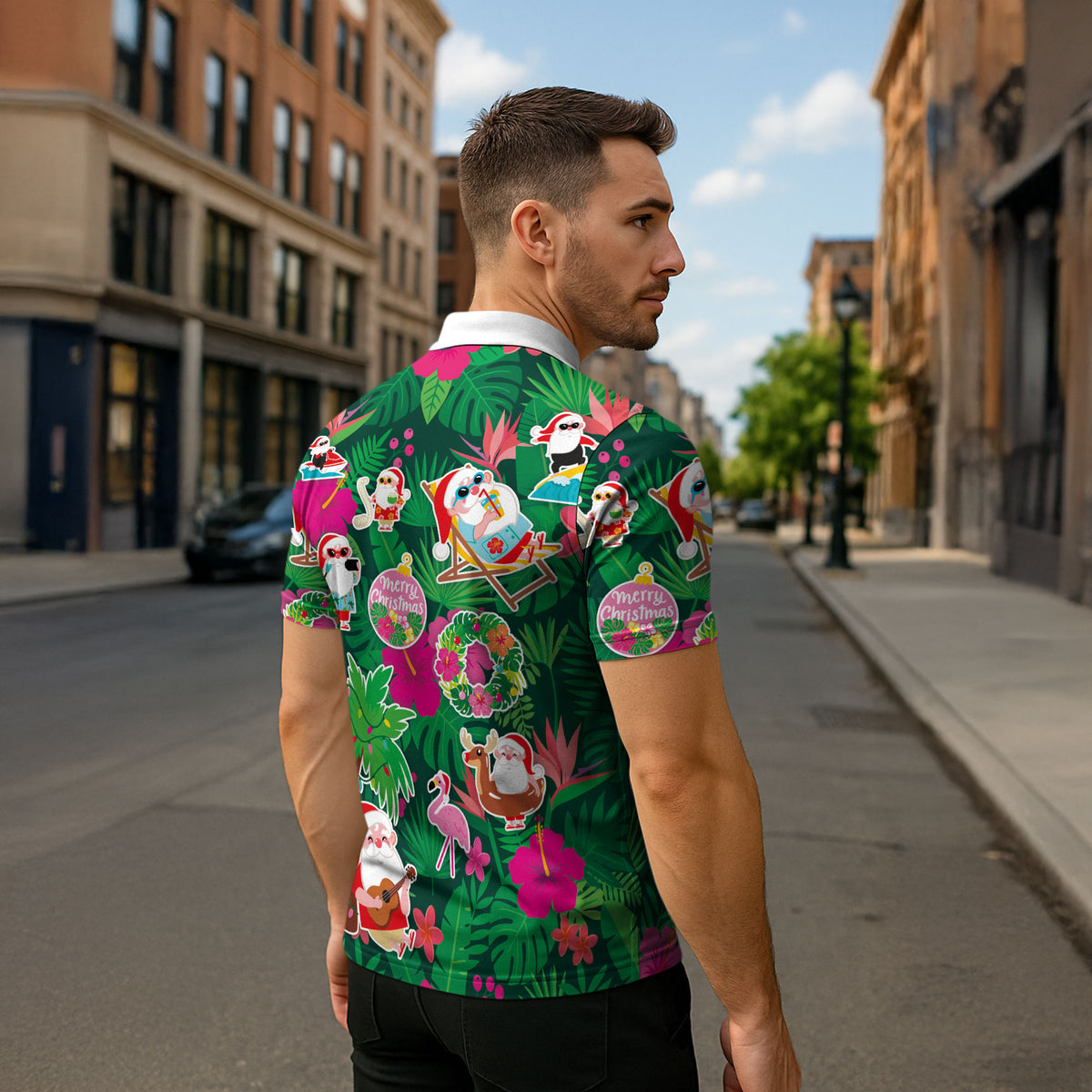 Hawaii Mele Kalikimaka Zipper Polo Shirt Tropical Plants with Santa Claus LT03 - Polynesian Pride