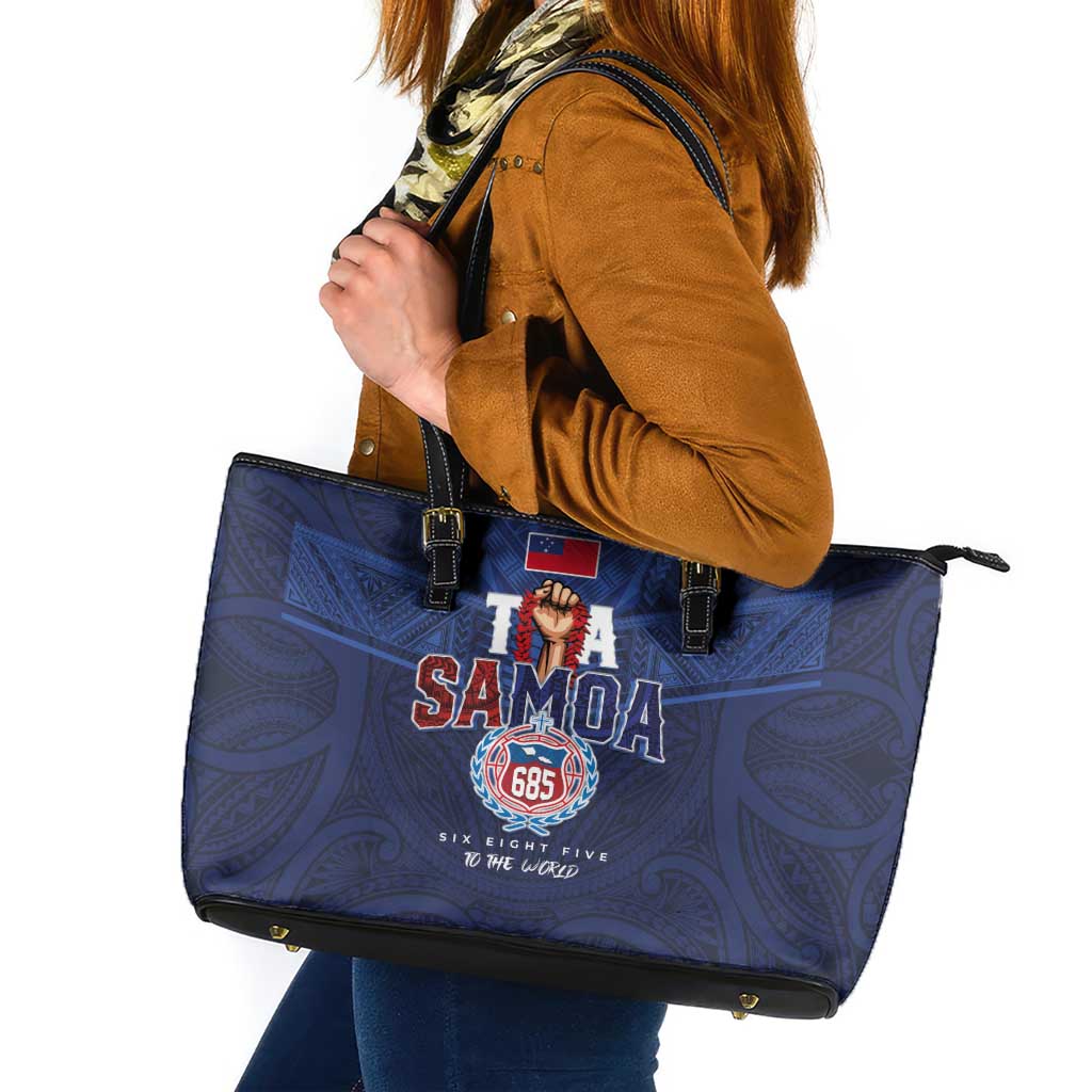 Rugby Toa Samoa Leather Tote Bag Champions Six Eight Five LT03 Blue - Polynesian Pride