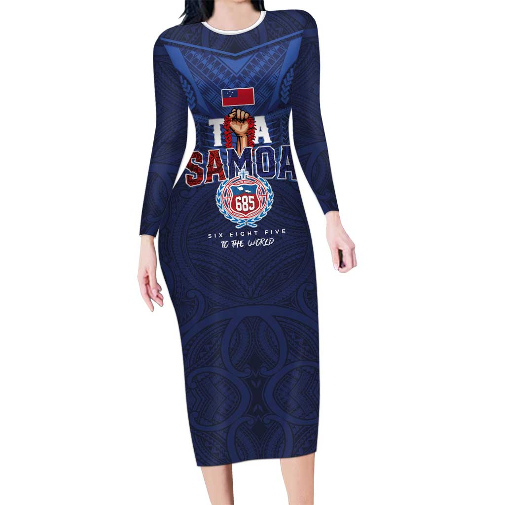 Custom Rugby Toa Samoa Long Sleeve Bodycon Dress Champions Six Eight Five LT03 Long Dress Blue - Polynesian Pride