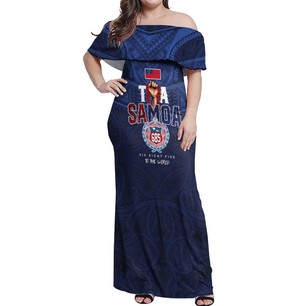 Custom Rugby Toa Samoa Off Shoulder Maxi Dress Champions Six Eight Five LT03 Women Blue - Polynesian Pride