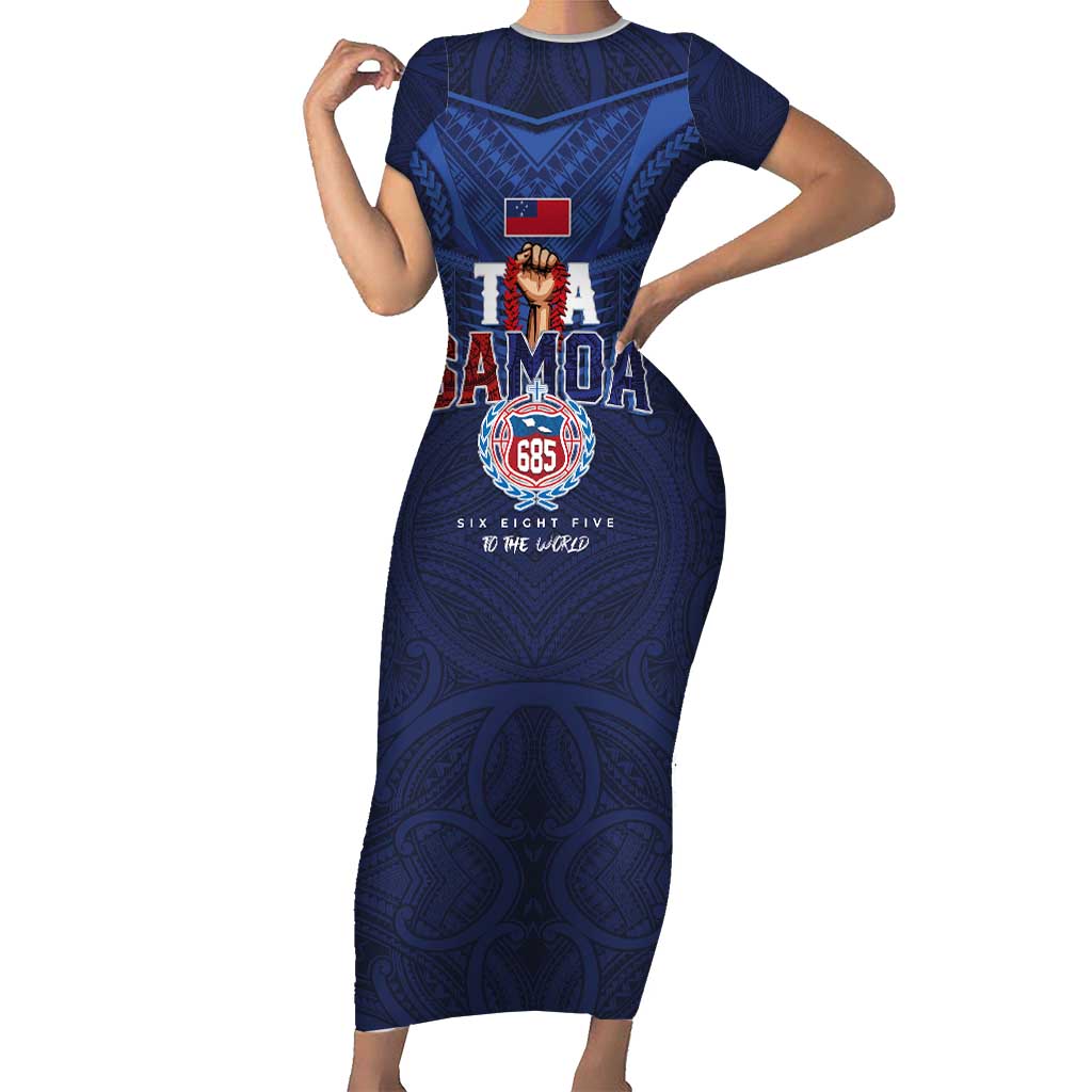 Custom Rugby Toa Samoa Short Sleeve Bodycon Dress Champions Six Eight Five LT03 Long Dress Blue - Polynesian Pride