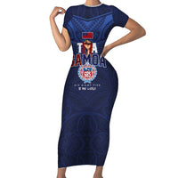 Custom Rugby Toa Samoa Short Sleeve Bodycon Dress Champions Six Eight Five LT03 Long Dress Blue - Polynesian Pride