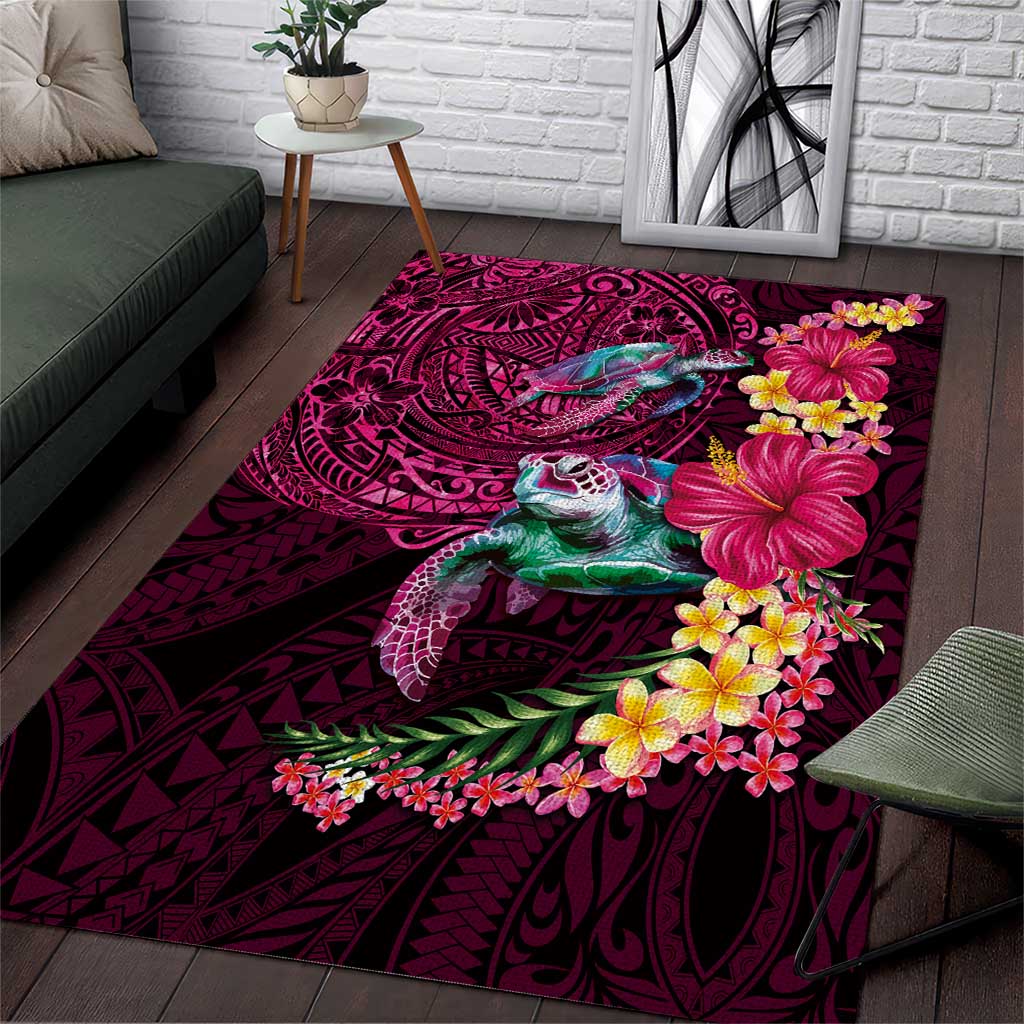 Hawaiian Plumeria and Hibiscus with Turtles Area Rug Polynesian Art Red Color LT03 Red - Polynesian Pride
