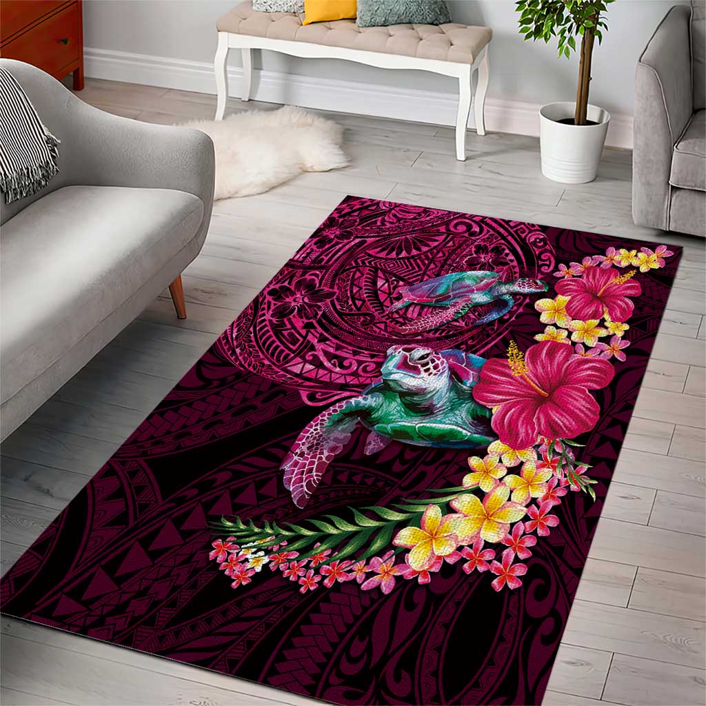 Hawaiian Plumeria and Hibiscus with Turtles Area Rug Polynesian Art Red Color LT03 - Polynesian Pride