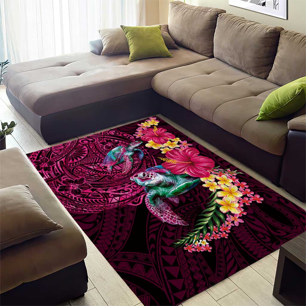 Hawaiian Plumeria and Hibiscus with Turtles Area Rug Polynesian Art Red Color LT03 - Polynesian Pride