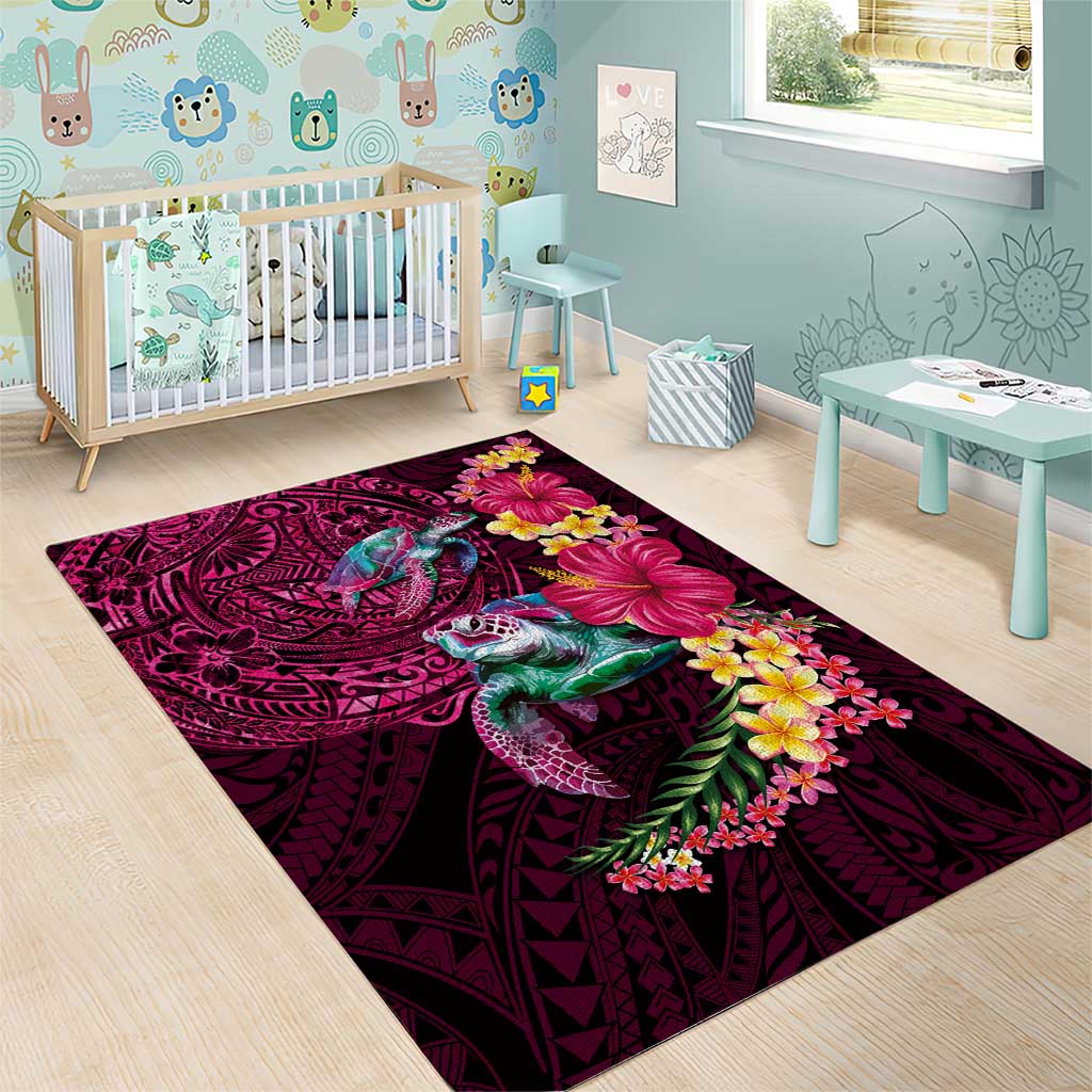 Hawaiian Plumeria and Hibiscus with Turtles Area Rug Polynesian Art Red Color LT03 - Polynesian Pride