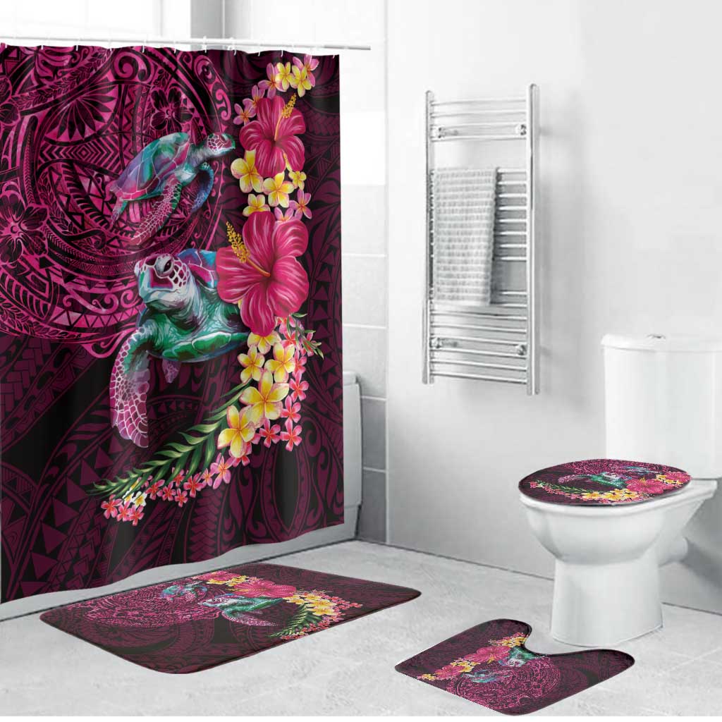 Hawaiian Plumeria and Hibiscus with Turtles Bathroom Set Polynesian Art Red Color LT03 Bathroom Set (4 pcs) Red - Polynesian Pride