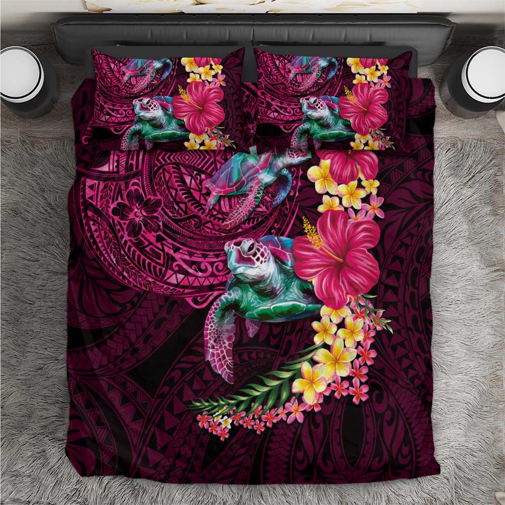 Hawaiian Plumeria and Hibiscus with Turtles Bedding Set Polynesian Art Red Color LT03 Red - Polynesian Pride