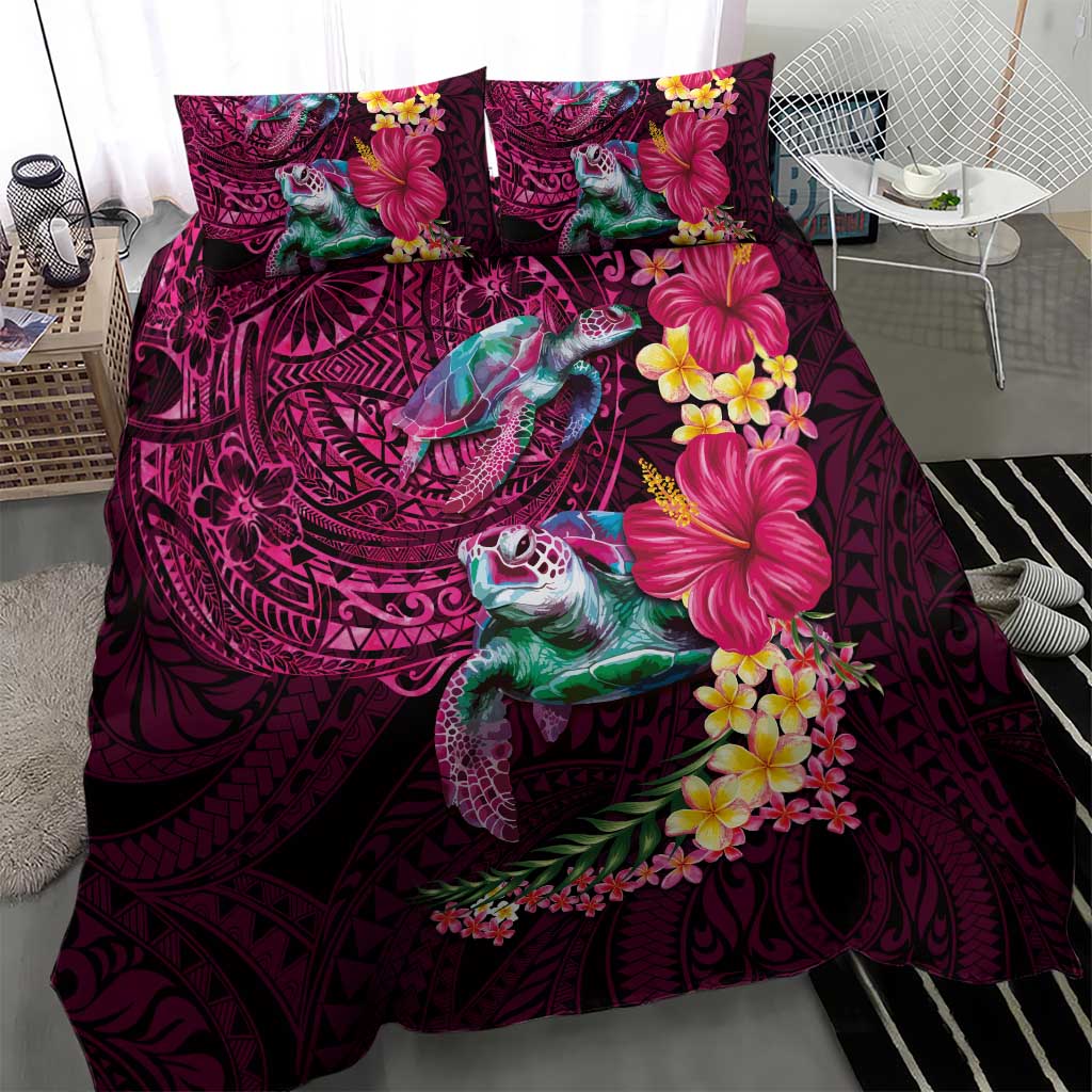 Hawaiian Plumeria and Hibiscus with Turtles Bedding Set Polynesian Art Red Color LT03 - Polynesian Pride