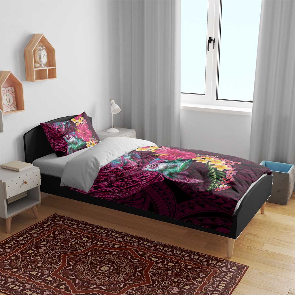 Hawaiian Plumeria and Hibiscus with Turtles Bedding Set Polynesian Art Red Color LT03 - Polynesian Pride