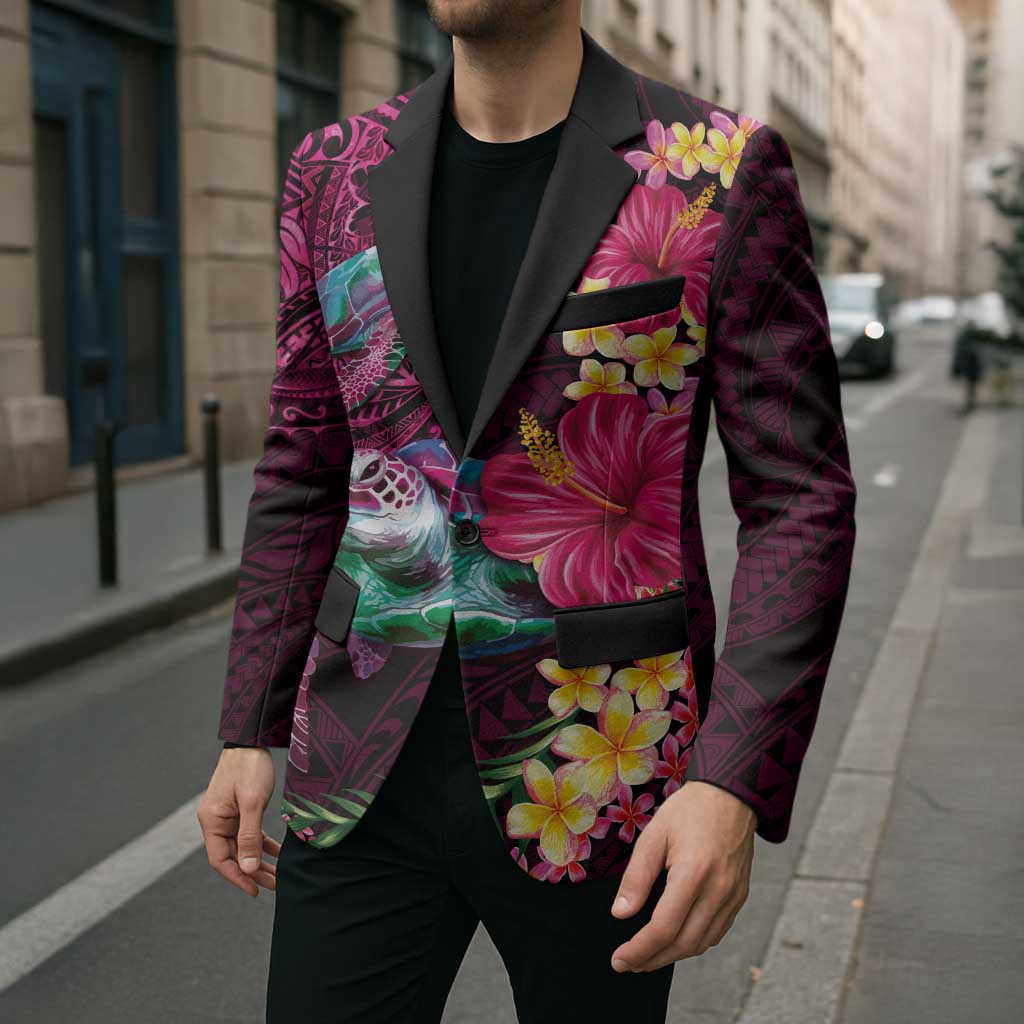 Hawaiian Plumeria and Hibiscus with Turtles Blazer Polynesian Art Red Color LT03 - Polynesian Pride